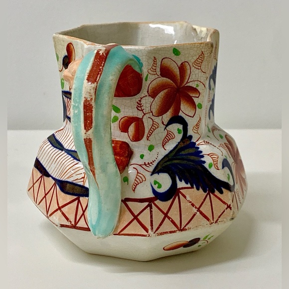 19th Century Antique Gaudy Welsh Eryri Pattern Human Faced Snake Handle Pitcher - Picture 10 of 16